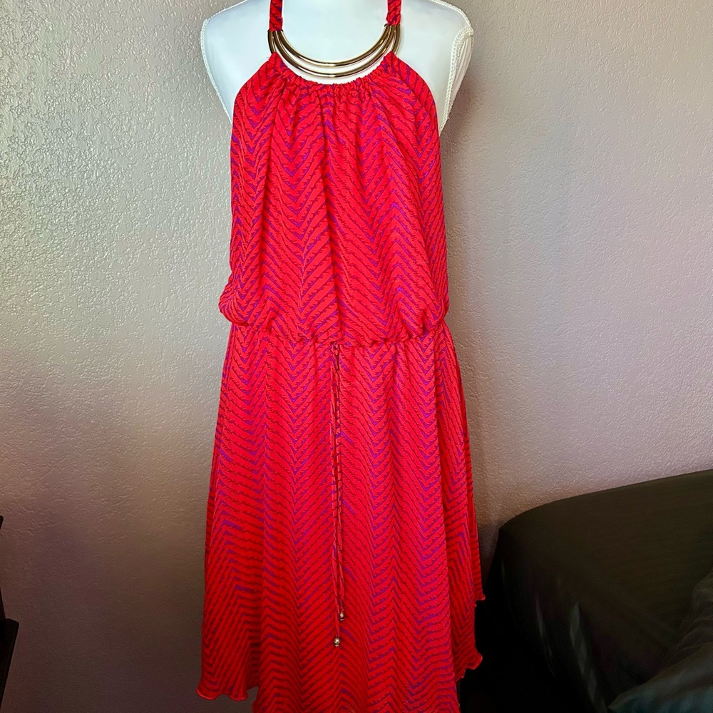 City Triangles Red Halter Midi Dress with Gold Neckline